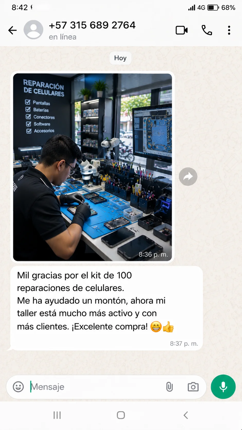 Captura de WhatsApp de un cliente que agradece el Kit y cuenta que su taller está más activo y con más clientes