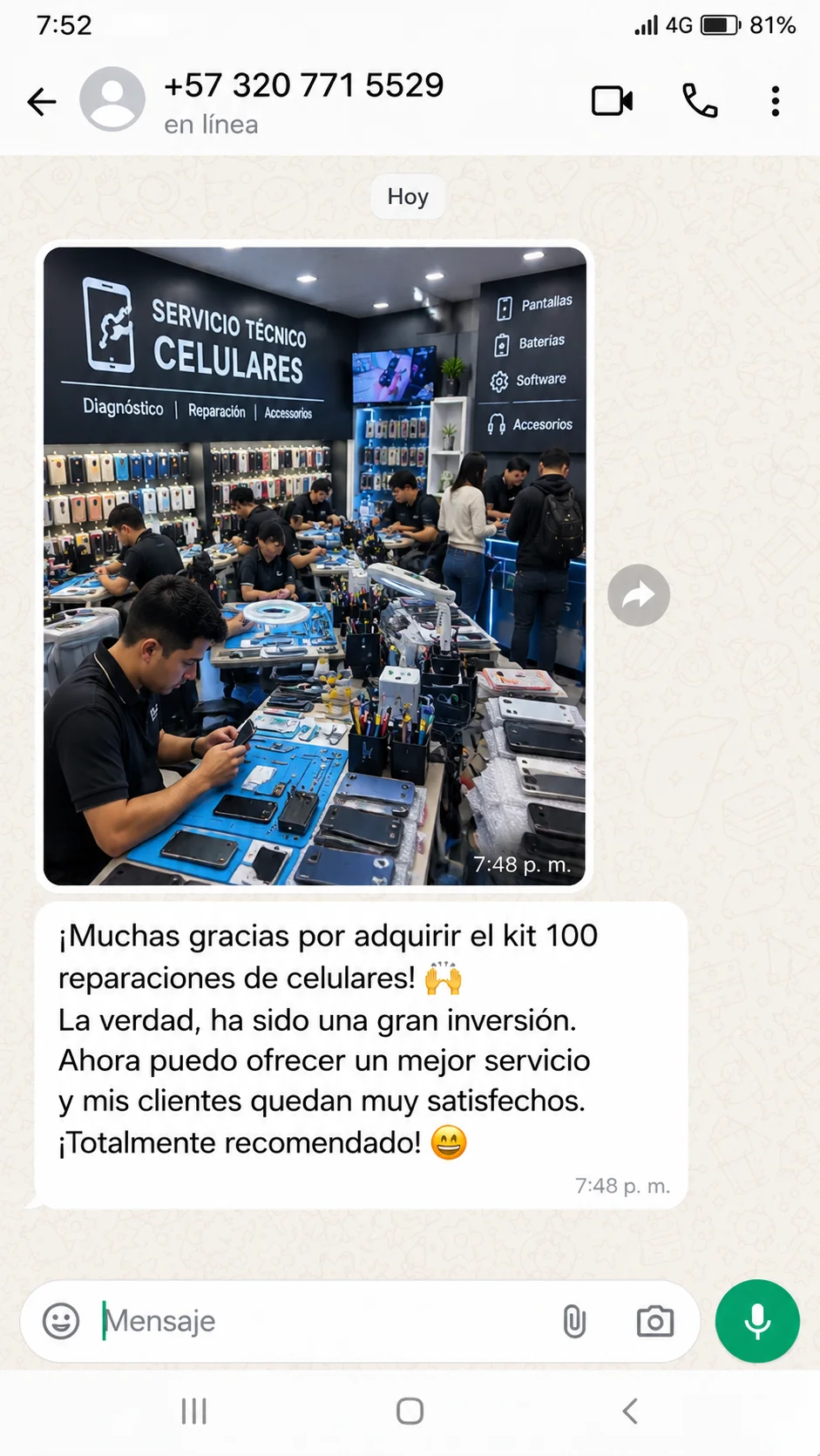 Captura de WhatsApp de un cliente que agradece el Kit y recomienda el material por el mejor servicio que ofrece