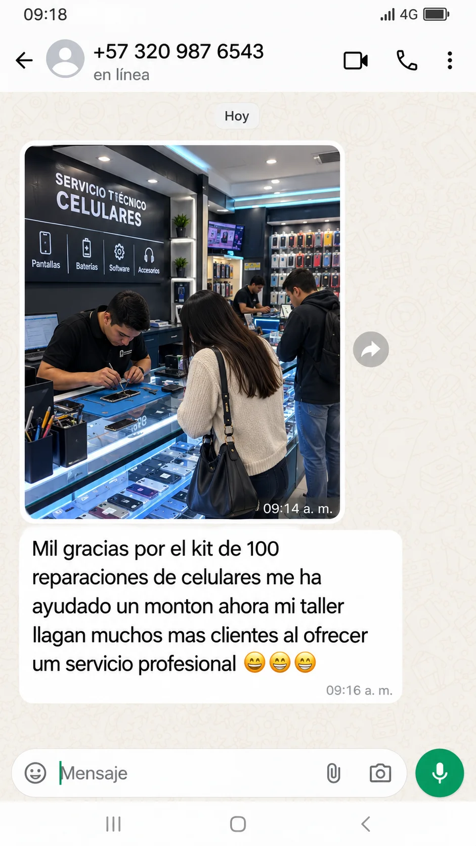 Captura de WhatsApp de un cliente que agradece el Kit y cuenta que ahora su taller recibe más clientes