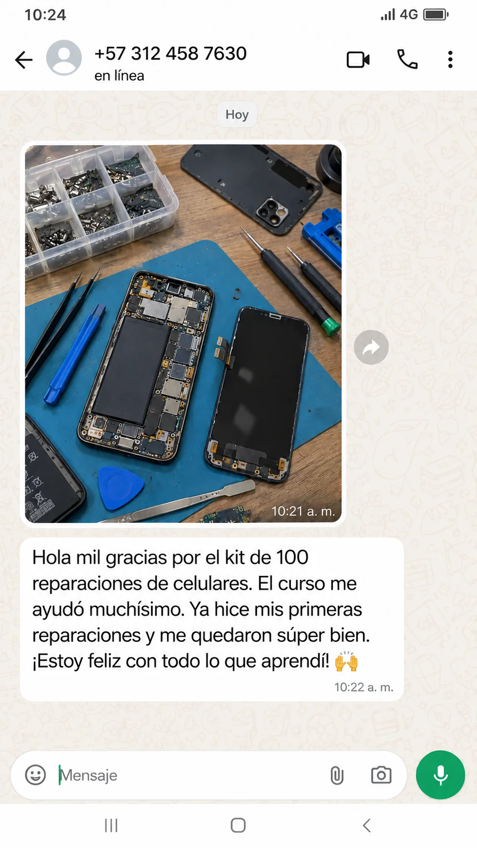 Captura de WhatsApp de un cliente que agradece el Kit y cuenta que ya hizo sus primeras reparaciones