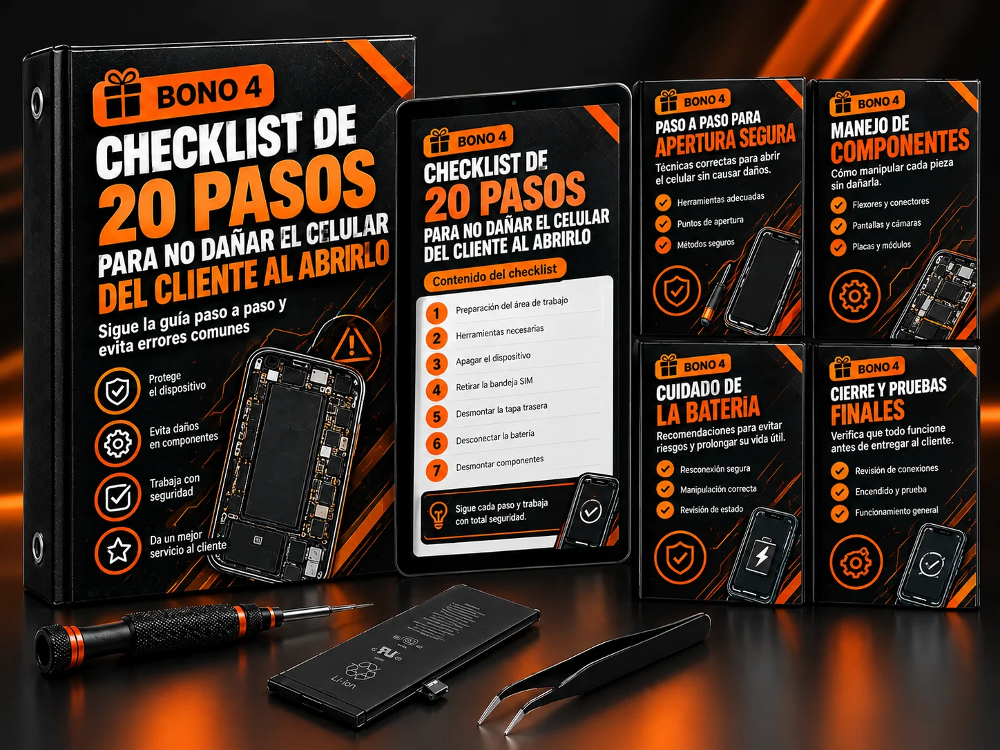 Mockup del Bono 4: Checklist de 20 pasos para abrir el celular del cliente sin dañarlo